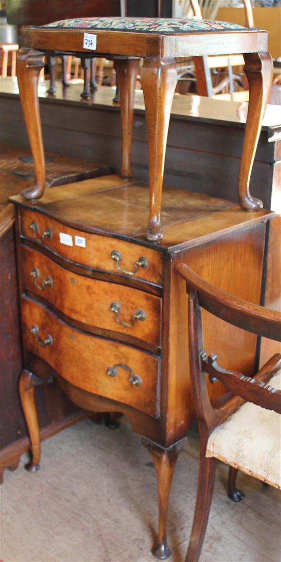Walnut serpentine front dressing chest & stool